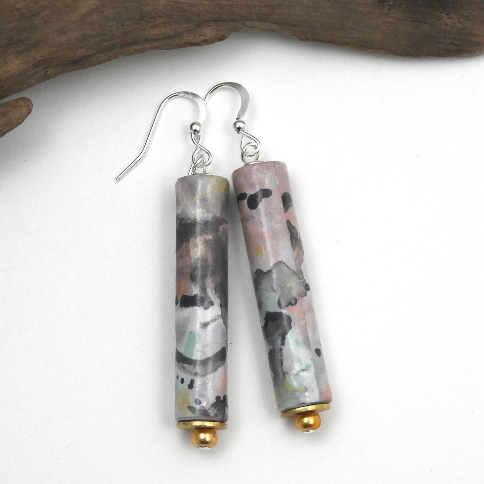 Gray, pink, aqua, and gold abstractly painted paper bead earrings on a white background.