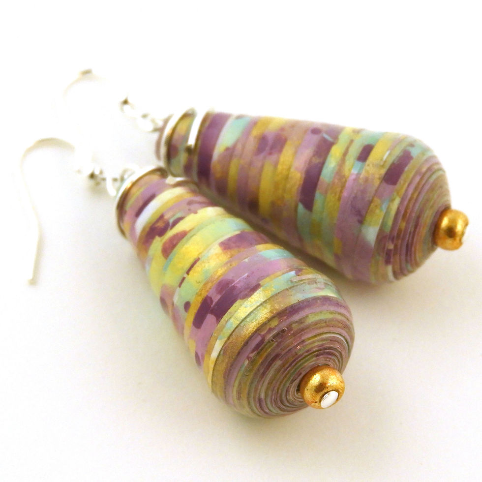 Thumbnail: Purple, aqua, yellow, and gold paper bead earrings on a white background.