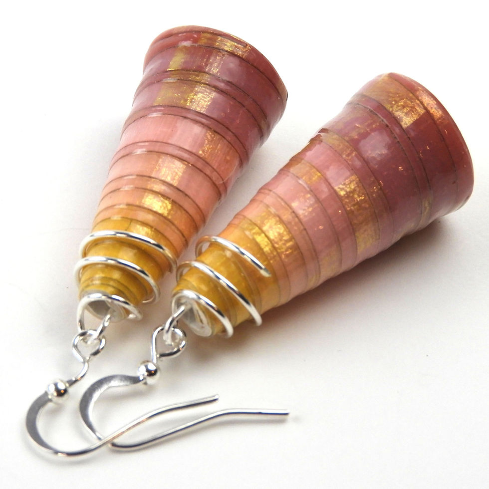 Thumbnail: Yellow, pink, and mauve ombre paper bead earrings on a white background.