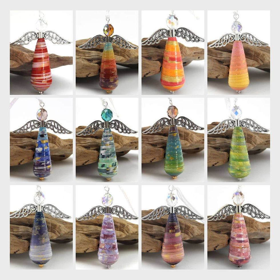 Photo collage of paper bead angel ornaments.