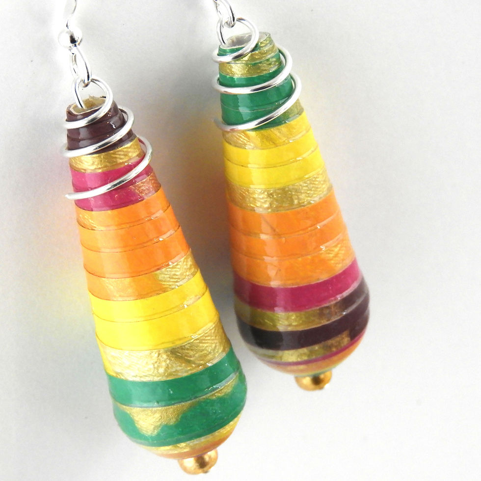 Thumbnail: Green, yellow, orange, fuchsia, purple, and gold paper bead earrings hanging on a white background.