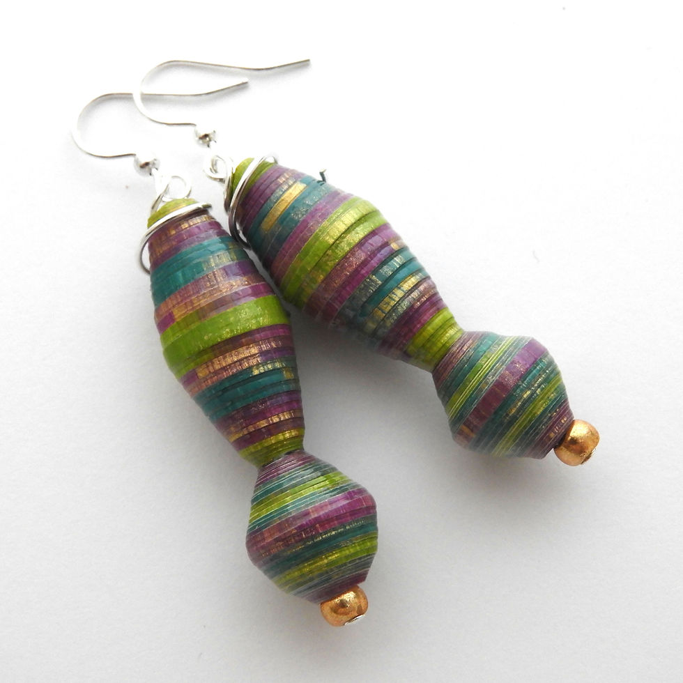 Thumbnail: Purple, green, and teal paper bead earrings on a white background.