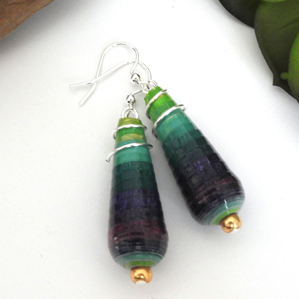 Green, teal, navy, and dark purple paper bead earrings on a white background.