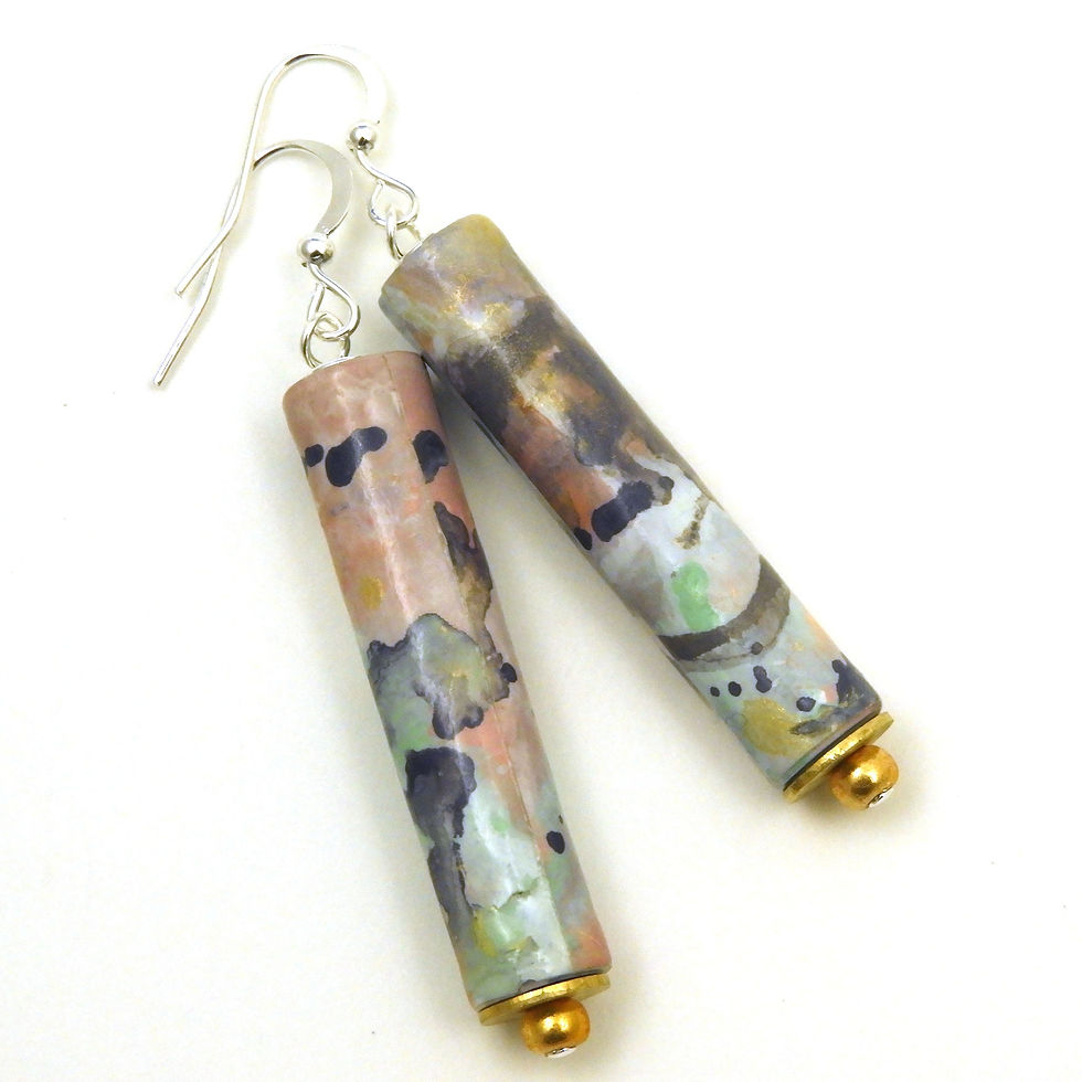 Thumbnail: Gray, pink, aqua, and gold abstractly painted paper bead earrings on a white background.