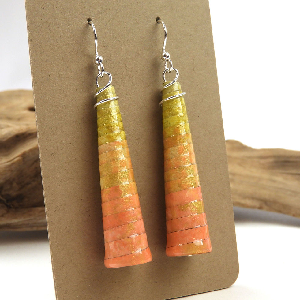 Thumbnail: Yellow and orange ombre paper bead earrings hanging on a kraft earring card.