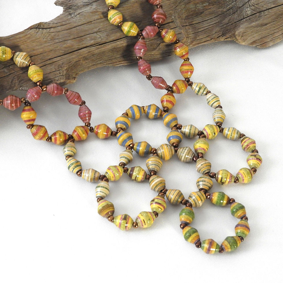 Thumbnail: Green, yellow, and pink paper bead bib necklace draped over a piece of driftwood.