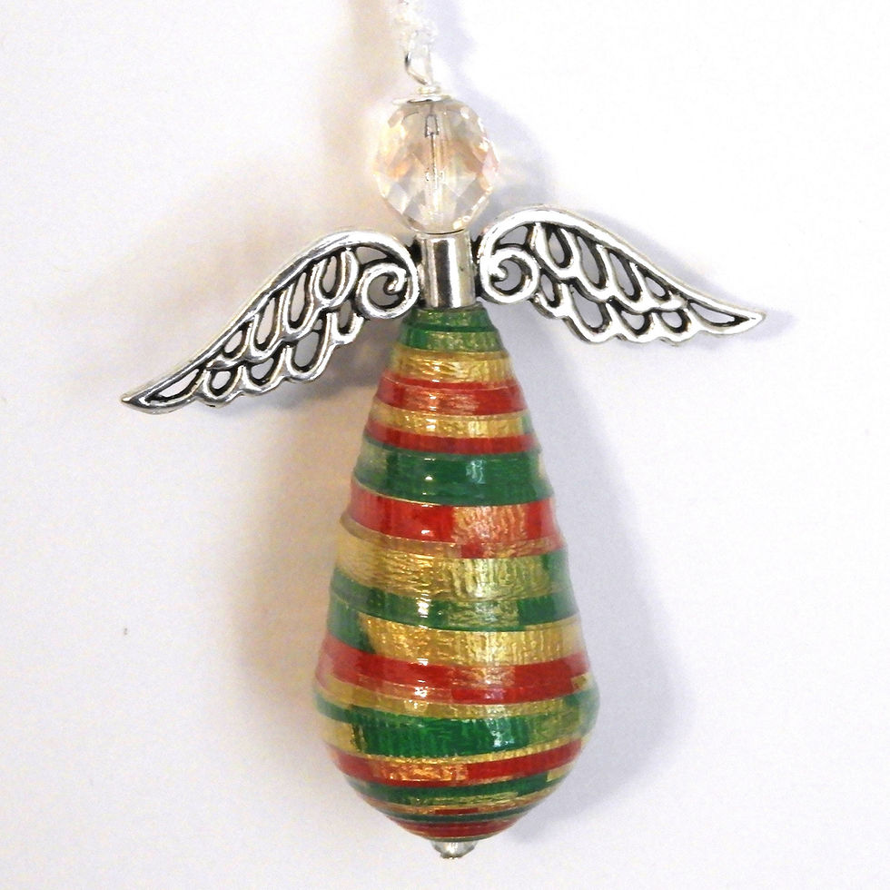 Thumbnail: Red, green, and gold paper bead angel ornament hanging in front of a white background.