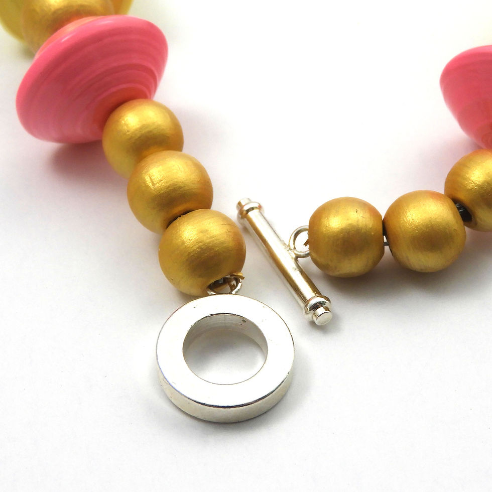 Thumbnail: Yellow, pink, coral, purple, gold, black, and white paper bead necklace on a white background.