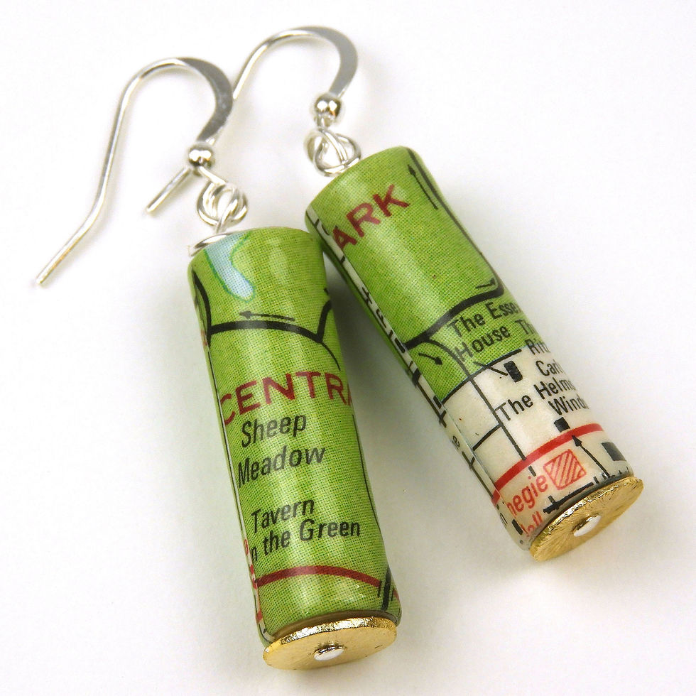 Upcycled NYC map earrings on a white background.