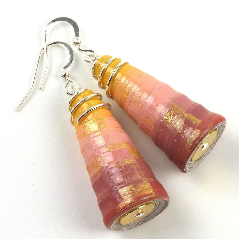 Yellow, pink, and mauve ombre paper bead earrings on a white background.