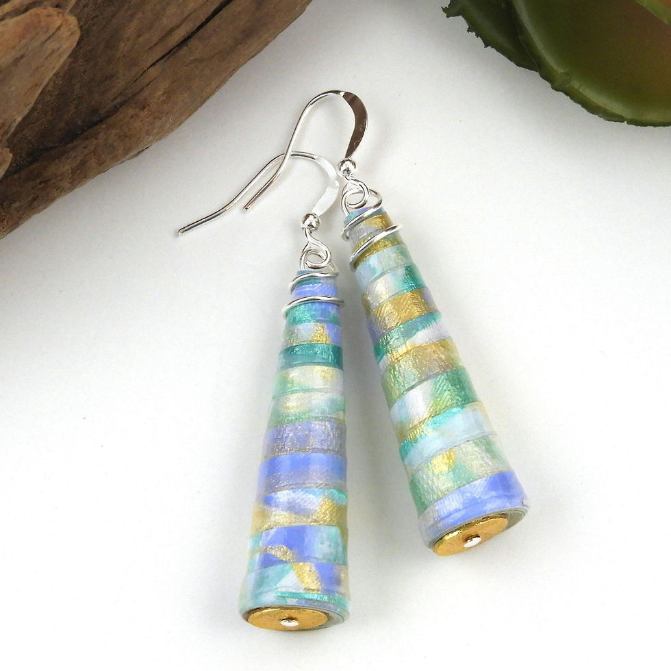 Green, blue, white, and gold paper bead earrings on a white background.