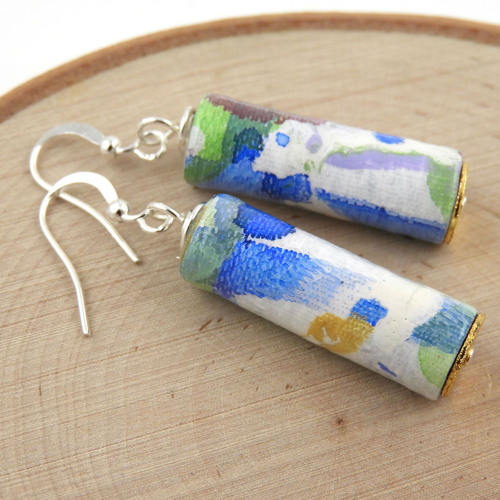 Thumbnail: Blue, purple, green, and gold abstract paper bead earrings on a wood background.