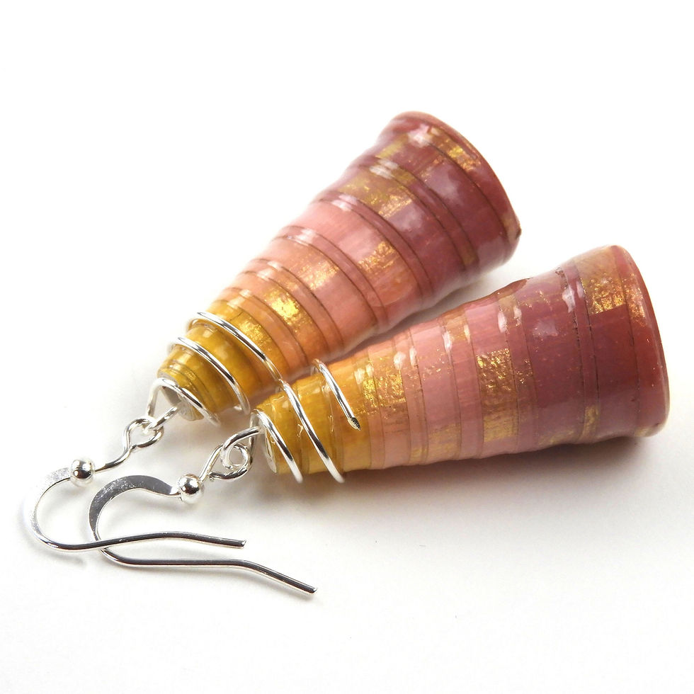 Thumbnail: Yellow, pink, and mauve ombre paper bead earrings on a white background.