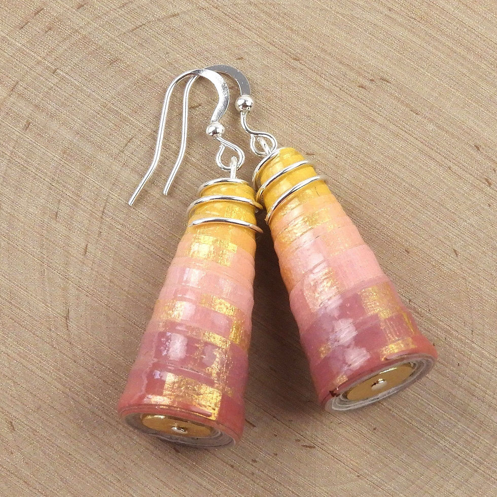 Thumbnail: Yellow, pink, and mauve ombre paper bead earrings on a wood background.