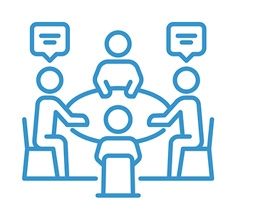 Blue line icon depicting people seated around a table, symbolizing collaboration or discussion