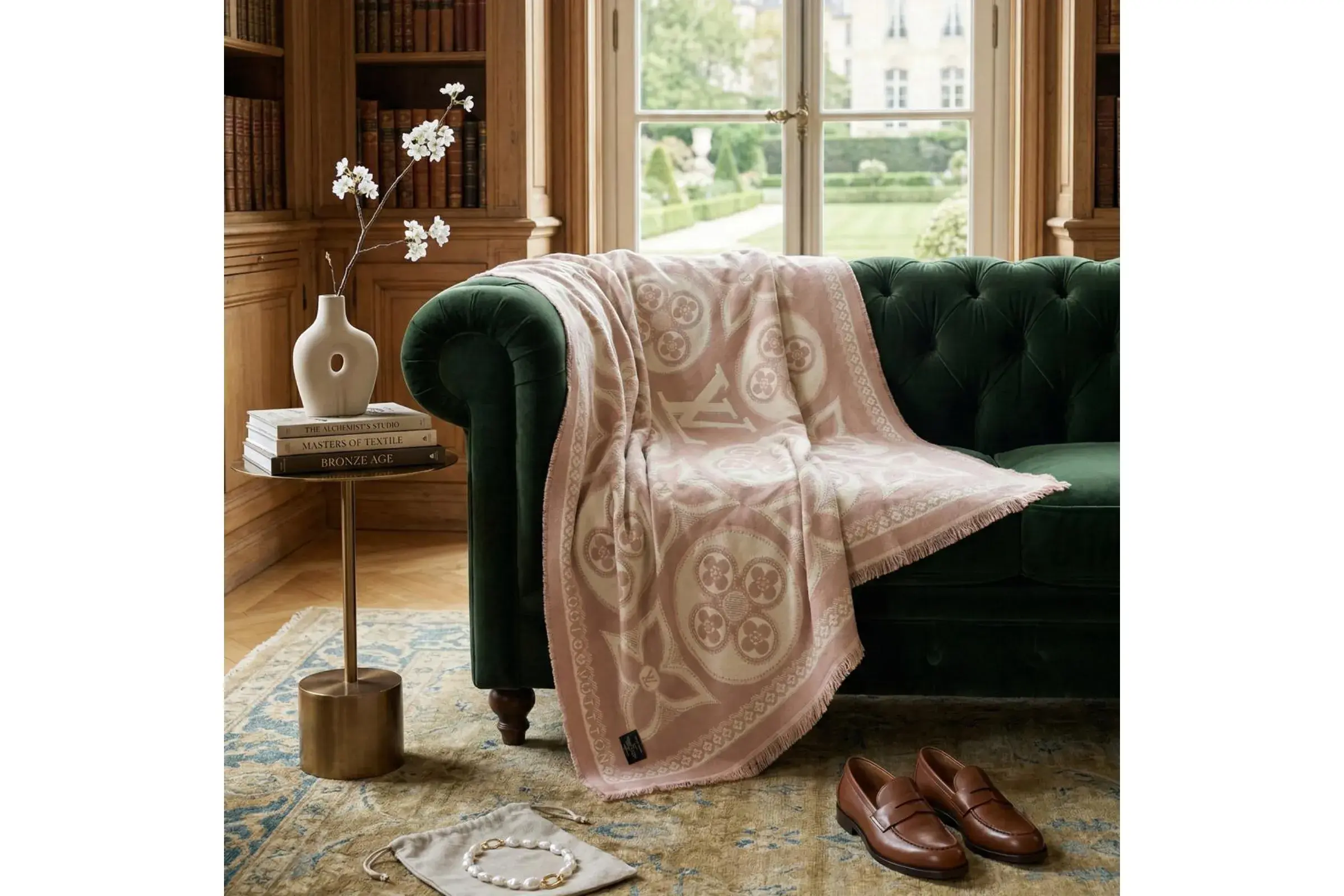 Faux Cashmere Pink Beige Motif Shawl Square Scarf