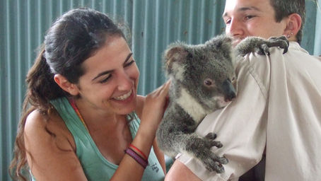 A man holding a koala as a smiling woman strokes it