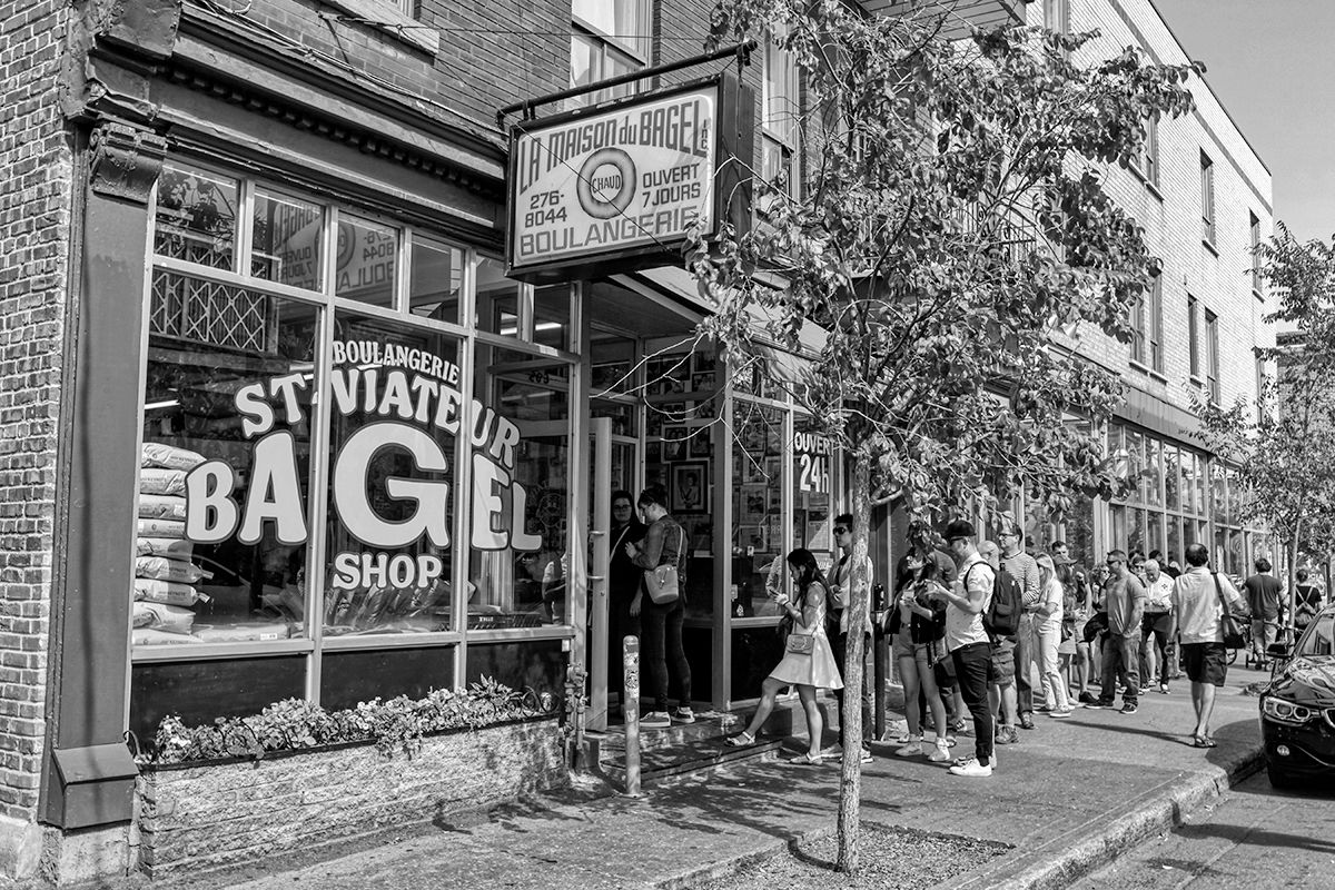 St-Viateur bagel shop storefront, black and white montreal photo, shaune thompson photography