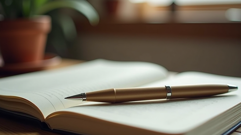 Close-up view of a journal and pen on a wooden table, symbolizing self-reflection