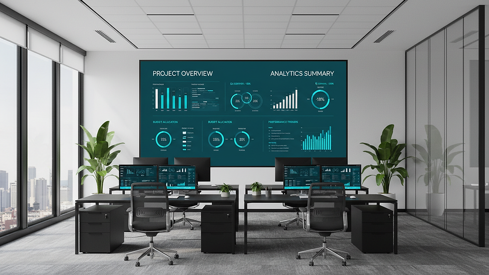 Eye-level view of a modern office with a large screen displaying data dashboards