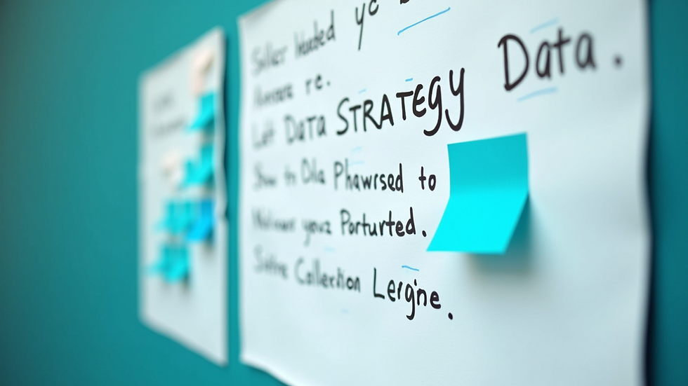 Close-up view of a whiteboard with a data strategy plan and sticky notes