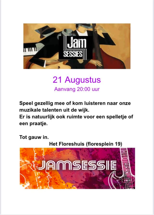 Jamsessie op vrijdagavond 21 augustus a.s. in het Floreshuis!! Speel gezellig mee of kom luisteren!