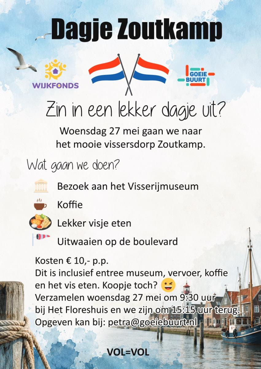 Zin in een dagje Zoutkamp? Op woensdag 27 mei a.s. vertrekken we vanaf het Floreshuis!