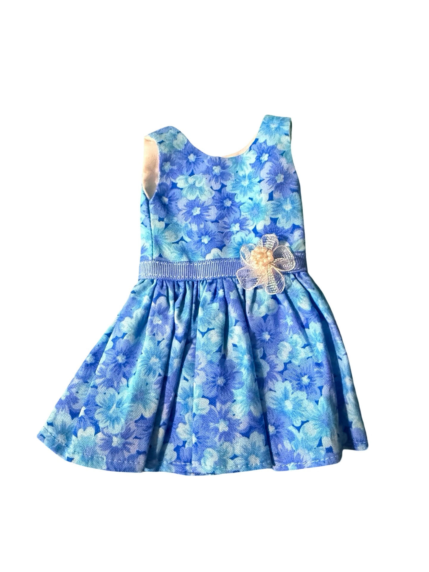 Handmade Cotton Print Dress in Blue Floral Sunday Best 14” Dolls Wellie Wishers