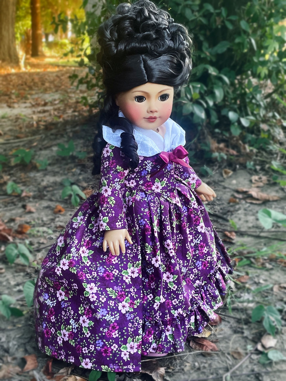 Thumbnail: Purple Floral 1780’s Historical Charlotte Dress Made for 18 Inch Dolls