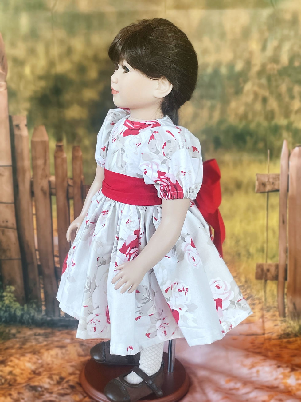 Thumbnail: Sunday's Best Red and Grey Rose Cotton Dress with Bow for 23” My Twinn D