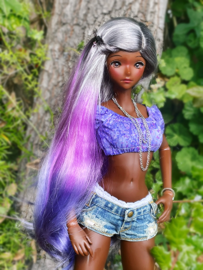 Thumbnail: Peasant Crop Top in Purple and Blue Splatter Batik for Smart Doll