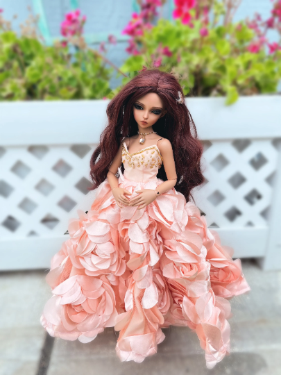 Thumbnail: Minifee Doll Peach Petal Evening Gown Beaded Gold 1/4 Scale Doll Clothes Dress