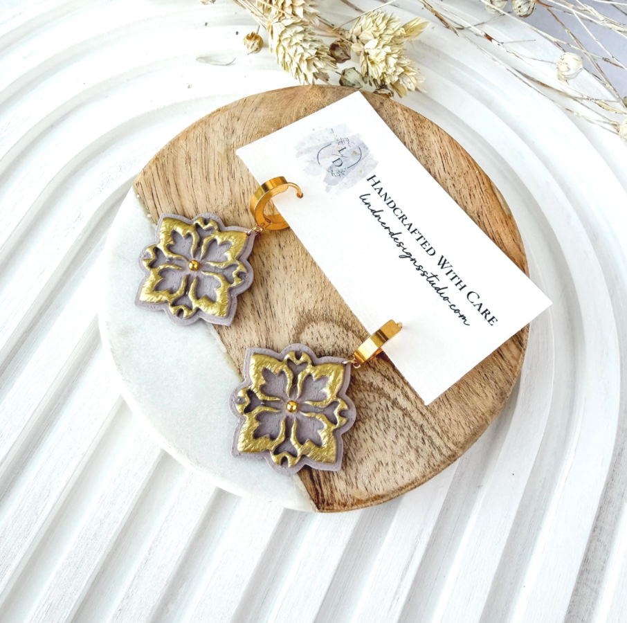 Thumbnail: Beige & Gold Moroccan Floral Dangle Earrings