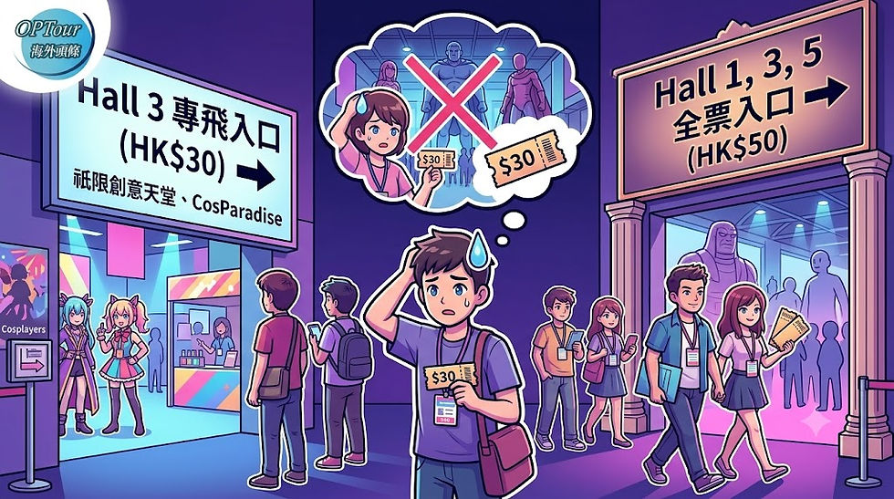 動漫節入場分流插圖，顯示$30「Hall 3專飛入口」與$50「全票入口」對比，中央一名男士因持$30專飛無法進入Hall 1模型展區而感到困惑，左上角帶有 OPTour 海外頭條 Logo。