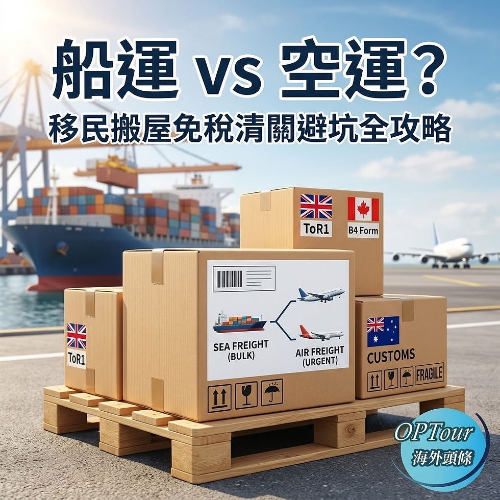一張關於移民跨國搬屋嘅封面圖片。畫面正中係一個木棧板,上面堆疊著多個紙箱,箱身印有海運與空運流程圖解、『ToR1』及『B4 Form』等清關文件標籤;背景係港口嘅大型貨櫃船同正在飛行嘅飛機。圖片頂部印有大字標題『船運 vs 空運?移民搬屋免稅清關避坑全攻略』,右下角則附有 OPTour 海外頭條嘅標誌。