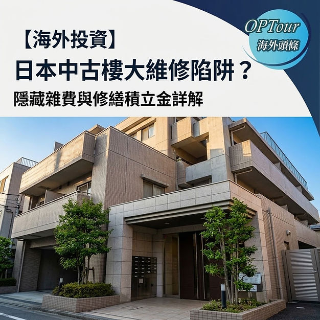 封面圖片展示了一棟現代化的日本住宅大廈外觀。圖片上方左側印有黑體粗體中文字標題「【海外投資】日本中古樓大維修陷阱?隱藏雜費與修繕積立金詳解」,右上角則置有 OPTour 海外頭條的藍色圓形商標。
