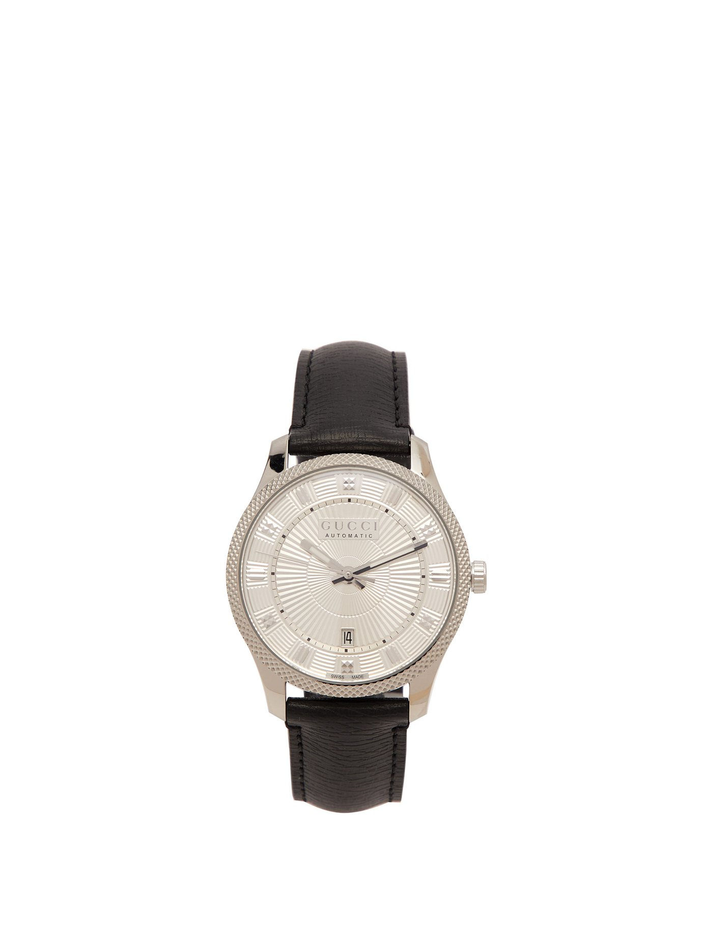GUCCI Eryx stainless steel and leather watch