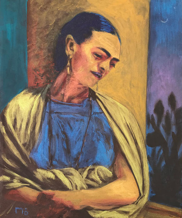 Frida Kahlo, purple sky, golden wall
