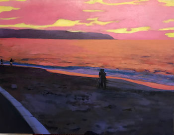 beach scene, sunset, pink sky, love, couple
