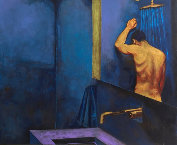 Man, shower, bathroom, blue