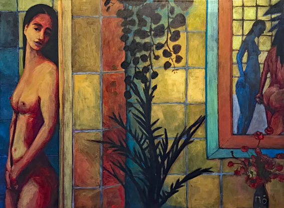 3 Women, bathroom, reflection, mirror, plants, blue woman