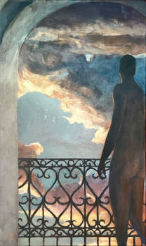 man standing on a balcony with a wrought iron balustrade with a view on the clouded sky