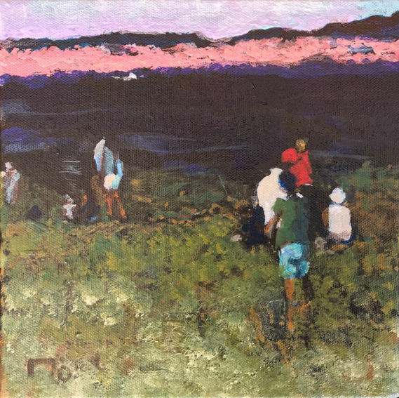sunset, beach, pink sky, people