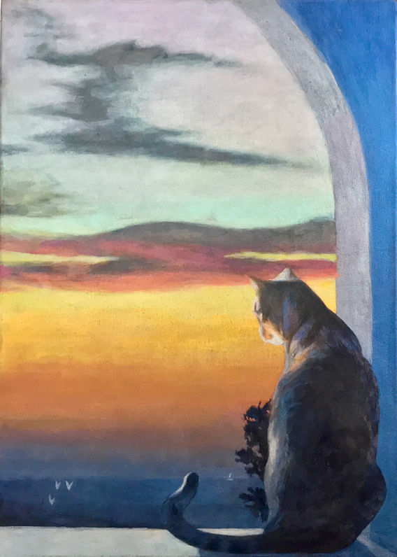A cat looking at a sunset over the sea