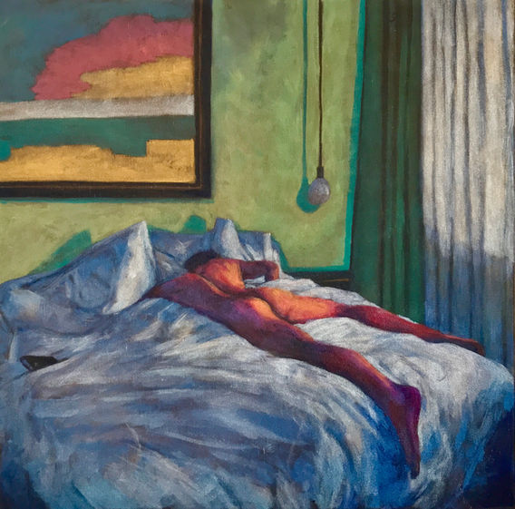 man nude on unmade bed, with daylight from window and abstract painting on the wall