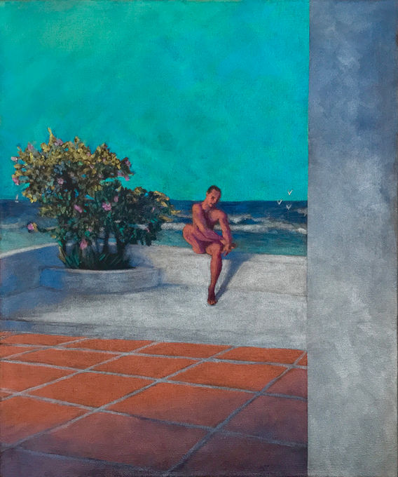 man sitting balcony, pink flowers, seascape
