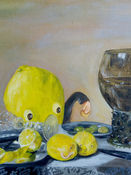 A lemon headed creature at the table with a few lemons and glass tableware. Oil painting