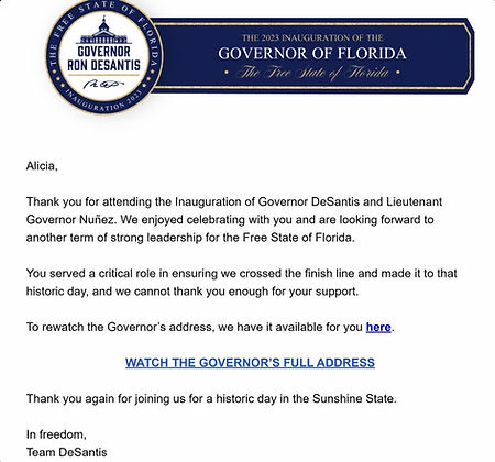 Florida Governor Ron DeSantis Thank You Letter to Alicia Valdes CEO at Global Eco Army