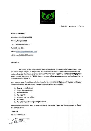 Cooperative Umurimyi Mu Burundi Thank You Letter for Be An Angel Day Event September 22 20