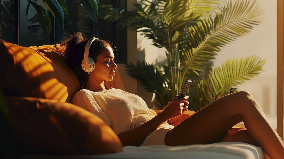 young-woman-sits-comfortably-couch-surrounded-by-warm-light-wearing-headphones-as-she-enga